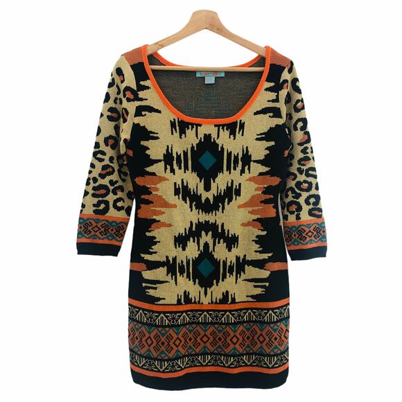 Flying Tomato MEDIUM Orange Knit Mini Sheath Sweater Dress Tribal 3/4 Sleeve - Picture 4 of 6